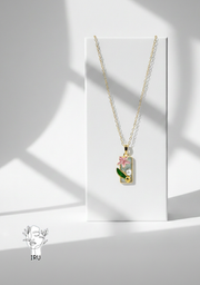 Rose and tree branch necklace with pearl, light-blue enamel