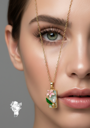 Rose and tree branch necklace with pearl, light-blue enamel