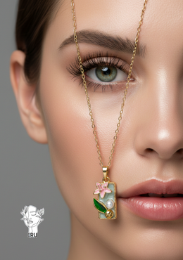 Rose and tree branch necklace with pearl, light-blue enamel