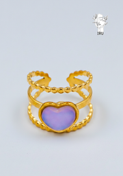 Three-Line Heart Ring with Purple Stones