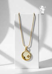 Crescent and Star Necklace with Circular Frame and White Enamel