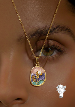 Wheat spike necklace with pearl, pink x purple x mint green enamel