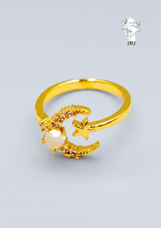 Crescent and Star Ring with Gold-Plated Stones