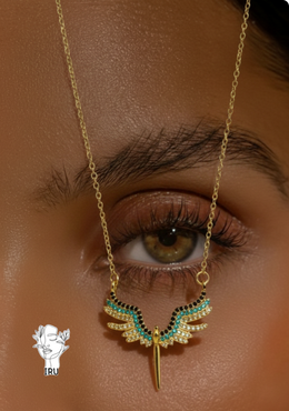 Phoenix bird necklace, white x black x light-blue stones