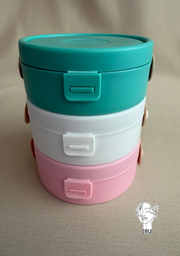 Round plastic jewelry organizer with secure closure and leather handle