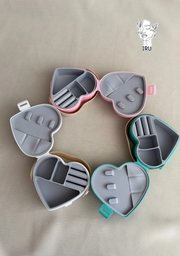 Heart-shaped plastic jewelry organizer with secure closure and leather handle