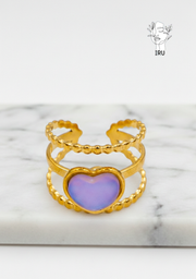 Three-Line Heart Ring with Purple Stones