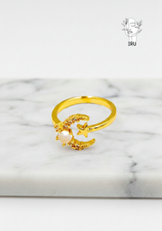 Crescent and Star Ring with Gold-Plated Stones